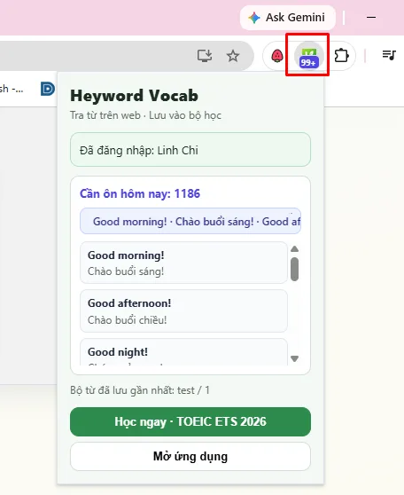 Popup thanh công cụ Heyword Vocab: đã đăng nhập, số từ cần ôn hôm nay và nút Học ngay